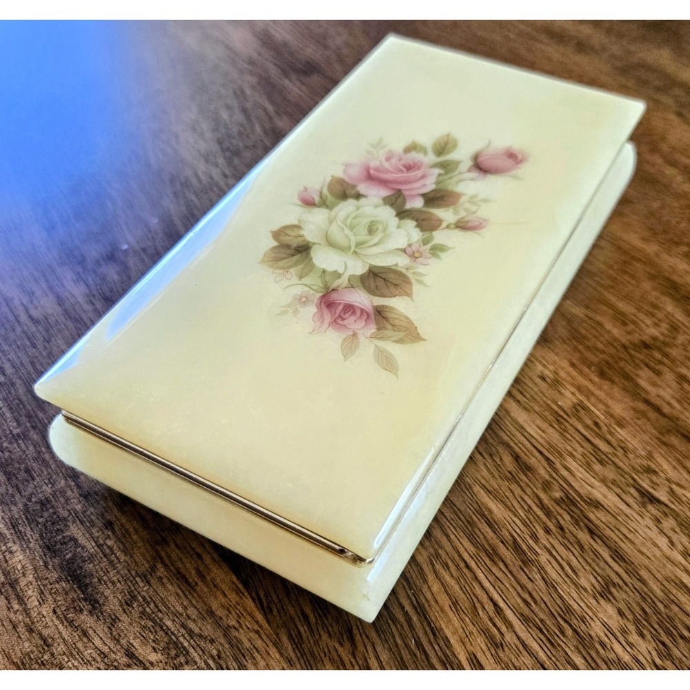 VTG Genuine Alabaster Trinket/Jewelry Box w/Flower Motif - Hand Carved In Italy